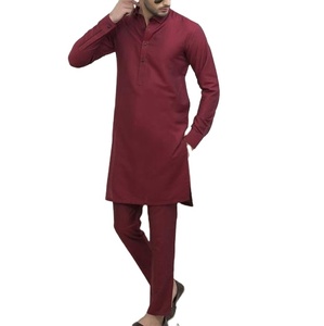 Nuevo Conjunto de Dos Piezas de Traje Shalwar Kameez Personalizado Color Granate Liso 2025 para Caballeros, 100% Algodón, Transpirable, Étnico, Reversible - Product Image 1
