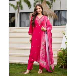 NUEVA KURTI FESTIVA DE DISEÑADOR CON PANTALÓN Y DUPATTA, TELA DE SEDA ROMANA CON FORRO DE ALGODÓN - Product Image 1