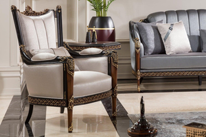 Sillón Clásico Europeo de Lujo con Marco de Madera Tallada a Mano con Detalles en Dorado y Tapicería de Tela Satén de Primera Calidad - Product Image 2