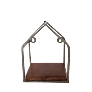Set Of 3 Wall Decorative Iron & Mango Wood Hut Silver & Walnut Color Small Size Supermarket Shelf For Bed Room Storage