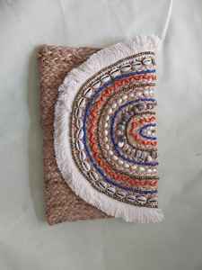 Bolsos De yute hechos a medida en azul y blanco, con moldura de concha y adorno de flecos de algodón para accesorios de moda, tiendas y bolsos - Product Image 3