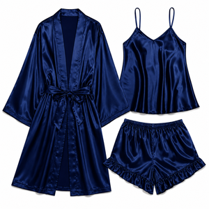 Women’s Satin 3 Piece Pajama Set Kimono Robe <b>Spaghetti</b> Strap Camisole Ruffle Shorts Luxury Silk Feel Bridal Sleepwear Summer Lou - Product Image 4