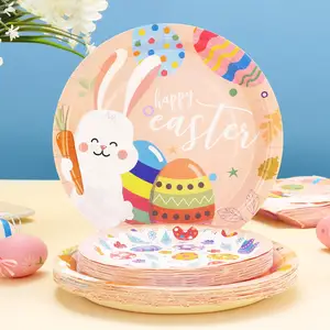 Happy Easter Party Supplies Kit Easter Disposable Dinnerware Paper Dinner Plates Napkins Cups For Easter Party Decorations