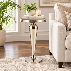 Modern Polished <b>Silver</b> Round <b>Side</b> <b>Table</b> Metal Pedestal Accent <b>Table</b> - Product Image 2