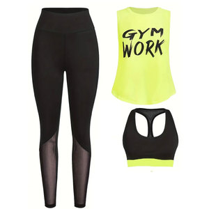 2026 trois pièces femmes couleur bloc haut court et lettre imprimé débardeur ensemble avec Leggings pour le Fitness et la course - Product Image 2