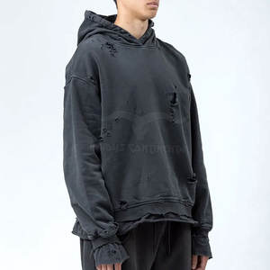 Best Selling Men's Distressed <b>Fleece</b> <b>Hoodie</b> in Custom Colors and Sizes Wholesale Breathable Solid Pattern Plain Dyed for Winter - Product Image 4