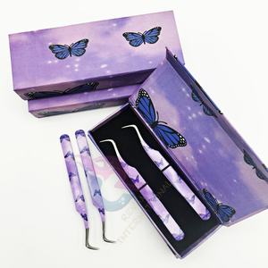 Pinzas de extensión de pestañas curvas de acero inoxidable con Etiqueta Privada, caja de cartón de volumen de fibra de belleza sostenible en forma de mariposa - Product Image 1