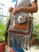 Véritable cuir de vachette fourrure frange sac à main élégant sac à main en cuir cheveux sur cacher jeux pierre bohème sacs faits à la main en inde