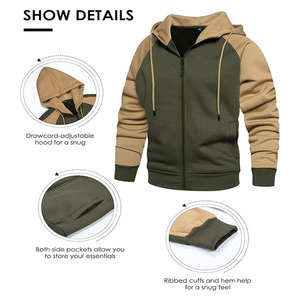 Sudaderas con capucha y cremallera para hombre con logotipo personalizado, sudaderas con capucha de bloque de color de manga larga, tops informales con cordón para hombre y bolsillos - Product Image 4