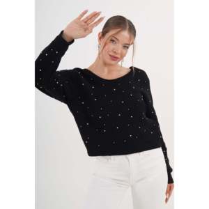 Pull noir brodé rose pour femme avec design dos nu, vente en gros - Product Image 6
