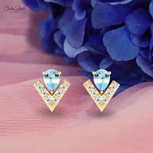 100% Natural Aquamarine Dainty Studs 0.1 TCW Diamond Fine Jewelry 14k Solid Gold Gemstone Chevron Jewelry Supplier for Retailers