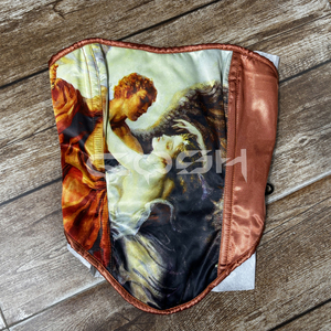 Corset amincissant de mode en satin bronze à imprimé ange, avec baleines en acier et coupe overbust |   Corset de luxe de créateur par Cosh International - Product Image 6