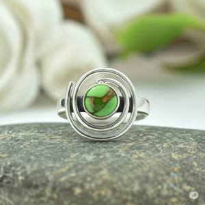 แหวนเงินสเตอร์ลิง925แข็งสีเขียวทองแดงเทอร์ควอยส์ทรงกลมขนาด7มม. เครื่องประดับแฟชั่นทำมือสำหรับผู้หญิง - Product Image 1