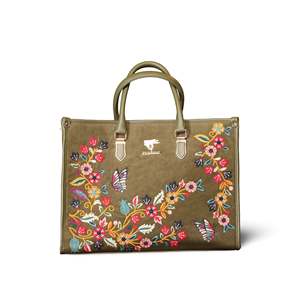 Bolso Tote Bohemio Priglob Exim de Cuero Vegano con Bordado de Hilo de Algodón para Mujer, Verde Oliva, Alta Calidad, Todas las Temporadas, PickAleaf Hasps - Product Image 1