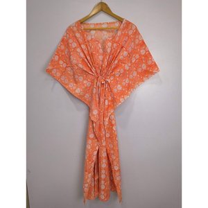 Boho Botanique Orange Sunrise Hand-Painted Indian Cotton <b>Kaftan</b> Lightweight and Breathable Swimsuit Cover Ups - Product Image 3