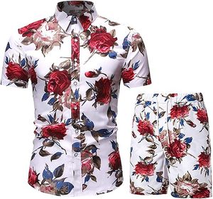 Tenues hawaïennes florales pour hommes, ensemble chemise à manches courtes boutonnée et short en 2 pièces - Product Image 3