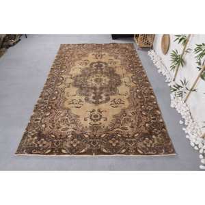 Tapis en laine beige marron classique fait à la main 5.3x8.8 pieds Design patchwork pour salon chambre à coucher pour adolescents hôtels avec support en latex - Product Image 1