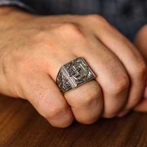 925 Sterling Silver Men's <b>Adjustable</b> Ring <b>Square</b> Stone Inlaid Handcrafted Pen-Shaped Fashionable Design with Certificate Gift - Product Image 1