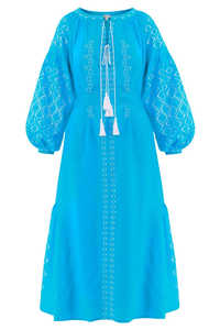 New Arrivals <b>Women</b> Embroidered Full Balloon Sleeves Tea Length Casual Summer <b>Women</b> Ukraine <b>Dress</b> with Belt - Product Image 5