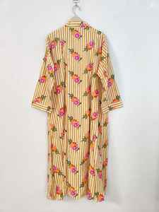 Yellow Stripes Fruit Print Floor-Length V-neck Long Sleeve <b>Casual</b> Cotton <b>Dress</b> Lightweight Breathable <b>Summer</b> Elegant <b>Dress</b> - Product Image 5