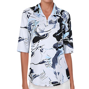 Polo imprimé à manches trois quarts pour femme, séchage rapide, style décontracté, motif blanc, bleu, noir, en polyester tissé - Product Image 2