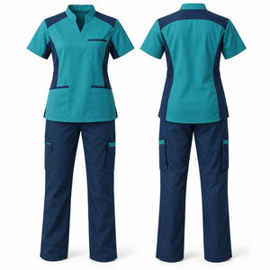 Conjunto de Uniforme Médico Personalizado para Mujer, Color Verde Azulado y Azul Marino, Manga Corta, Cuello en V, Pantalones con Bolsillos - Product Image 1