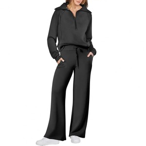 Autumn Clothes Sweatshirt Pants <b>Winter</b> Set with <b>Coat</b> Wide Leg Pants Zipper Design <b>Long</b> Solid Color 2 Psc Set - Product Image 2