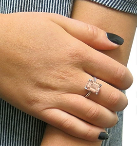 Women's 925 <b>Silver</b> Morganite <b>Ring</b> <b>Emerald</b> Cut Prong Setting Pave Diamond Band Classic Gemstone Engagement <b>Ring</b> - Product Image 3