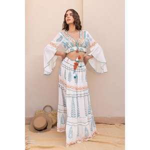 2026 Boutique Apparel Bohemian Two-Piece Outfit Flared Sleeve Crop Top Maxi <b>Skirt</b> Set Natural Waist Eco-Friendly for Summer - Product Image 1