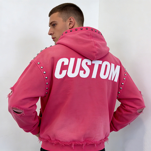 Street Casual Factory Wholesale Hot Pink <b>Studded</b> Full-Zip Distressed Ripped Frayed Edge Customizable Oversized <b>Men</b> Hoodies - Product Image 3