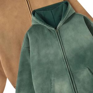 <b>Brown</b> And Green Acid Washed Zip Hoodie Oversized Vintage Look Soft <b>Fleece</b> Full Zipper Streetwear Sweatshirt Winter Wear - Product Image 6