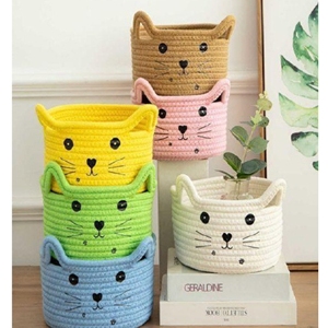 Cestas de almacenamiento de cara de gato de algodón tejidas a mano de colores 6 colores-organizador de tema de animales de ganchillo hecho a mano cesta de 8x7 pulgadas - Product Image 1