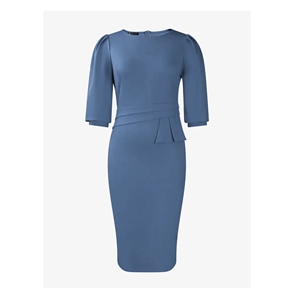 Robe fourreau midi de couleur unie avec méthode de tissage tissée à manches bouffantes froncées - Product Image 2