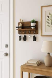 Minimalist pine wall <b>shelf</b> <b>with</b> key hooks. Perfect for home entryways. Available at wholesale prices. - Product Image 6