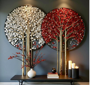 Art métallique de luxe représentant un arbre à fleurs blanches sur une plaque circulaire. Disponible à prix de gros. - Product Image 3
