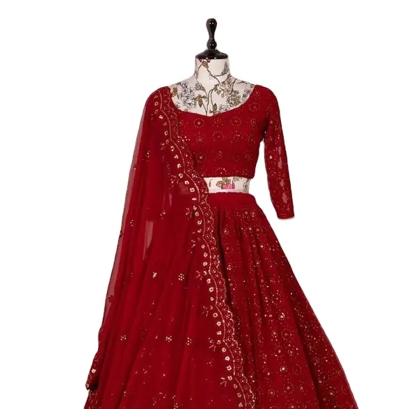 신부 특별 무거운 스타일리스트 파티웨어 조젯 패브릭 빛나는 붉은 색의 Leheanga와 블라우스 조각