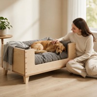 Erhöhtes Hundebett aus Massivholz mit Grauem Kissen, Erhöhte Hundehütte für Mittelgroße und Große Hunde, Modernes Wohnzimmermöbel