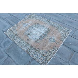 Alfombra Turca de 3.6x4.4 pies, Alfombra Vintage, Alfombra de Lana Azul Sólida - Product Image 2