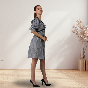 ชุดเดรสแขนยาวคลุมเข่าสำหรับผู้หญิงทำด้วยมือชุดเดรสผ้าฝ้ายคอวีมีระบายสำหรับฤดูร้อน - Product Image 3