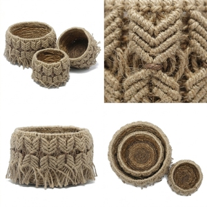 Natural Banana Bark Storage <b>Basket</b> Set Macrame Chevron Fringe Cylinder Shallow Pot Planter Boho Setup Room Decor Pure Art Craft - Product Image 2