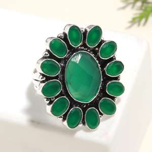 แหวนรูปดอกไม้พลอยสีเขียวโอนิกซ์สำหรับผู้หญิงแหวน925ทำด้วยมือทำจากเงินแหวนหมั้นของขวัญสุดพิเศษสำหรับเธอ - Product Image 1