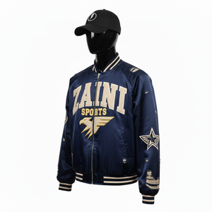 Chaqueta Bomber Satinada de Alta Calidad, 240 GSM, Azul Marino, Logotipo Personalizado Bordado, Parche de Chenilla, Cuello Acanalado, Chaqueta Satinada para Hombre - Product Image 3