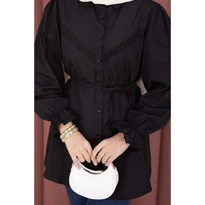 Blusa de Popelina con Cordones para Mujer, Detalle Floral Bordado, Estilo Vintage, Corte Holgado y Largo, Tallas XL para Otoño y Primavera - Product Image 5