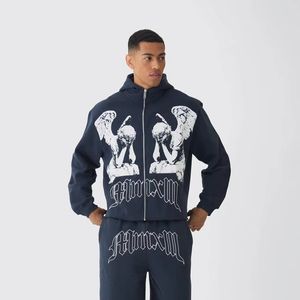 เสื้อฮู้ดก้านล่างเอวลอยทำจากผ้าฝ้ายพิมพ์ลายเต็มแนวสตรีทแวร์ออกแบบได้ตามต้องการสำหรับทุกเพศ - Product Image 1