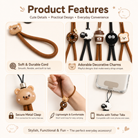 Dragonne de téléphone courte 3D mignonne en forme de dessin animé avec breloques ours, mouton et café, cordon tressé anti-perte pour femmes et filles