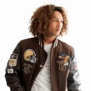 เสื้อแจ็กเก็ตผ้ากำมะหยี่สำหรับผู้ชายผ้าขนสัตว์ปักด้วยแขนหนังสำหรับฤดูหนาว