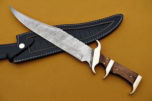 Cuchillo Bowie de Acero de Damasco Hecho a Mano con Mango de Madera y Funda de Cuero Fino, Cuchillo para Exteriores, Cuchillo al por Mayor - Product Image 5