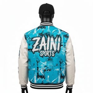 Veste universitaire en laine mélangée de qualité supérieure 400GSM avec manches en cuir PU, panneaux bleus et blancs, broderie personnalisée, veste universitaire pour hommes - Product Image 5