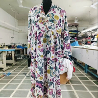 Robe longue maxi pour femme en coton biologique naturel, style bohème chic, col chemise, manches cloche, imprimé tropical, pour l'été et les plages