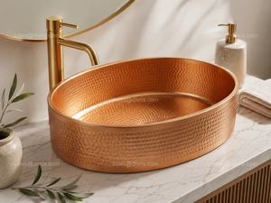DIVRIS Lavabo en cuivre martelé fait main, rond, à cuve unique, pour comptoir, surface polie rustique, finition mate, modèle DRC-2030 - Product Image 5